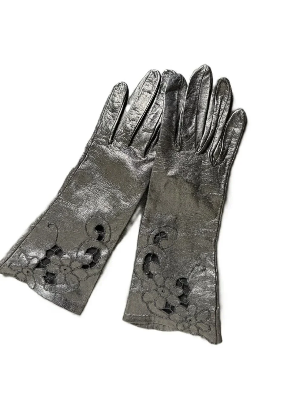 Vintage Black Cutwork Faux-Leather Gloves, Sheer Floral Cutouts